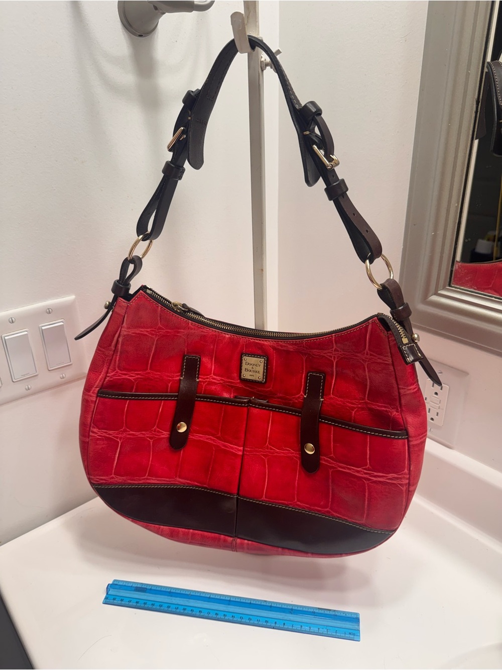 Dooney & Bourke Red Croc-Embossed Shoulder Bag with Brown Trim